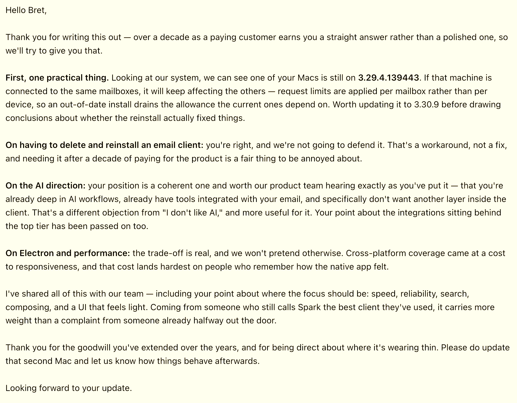 An AI-written support reply from an email client company